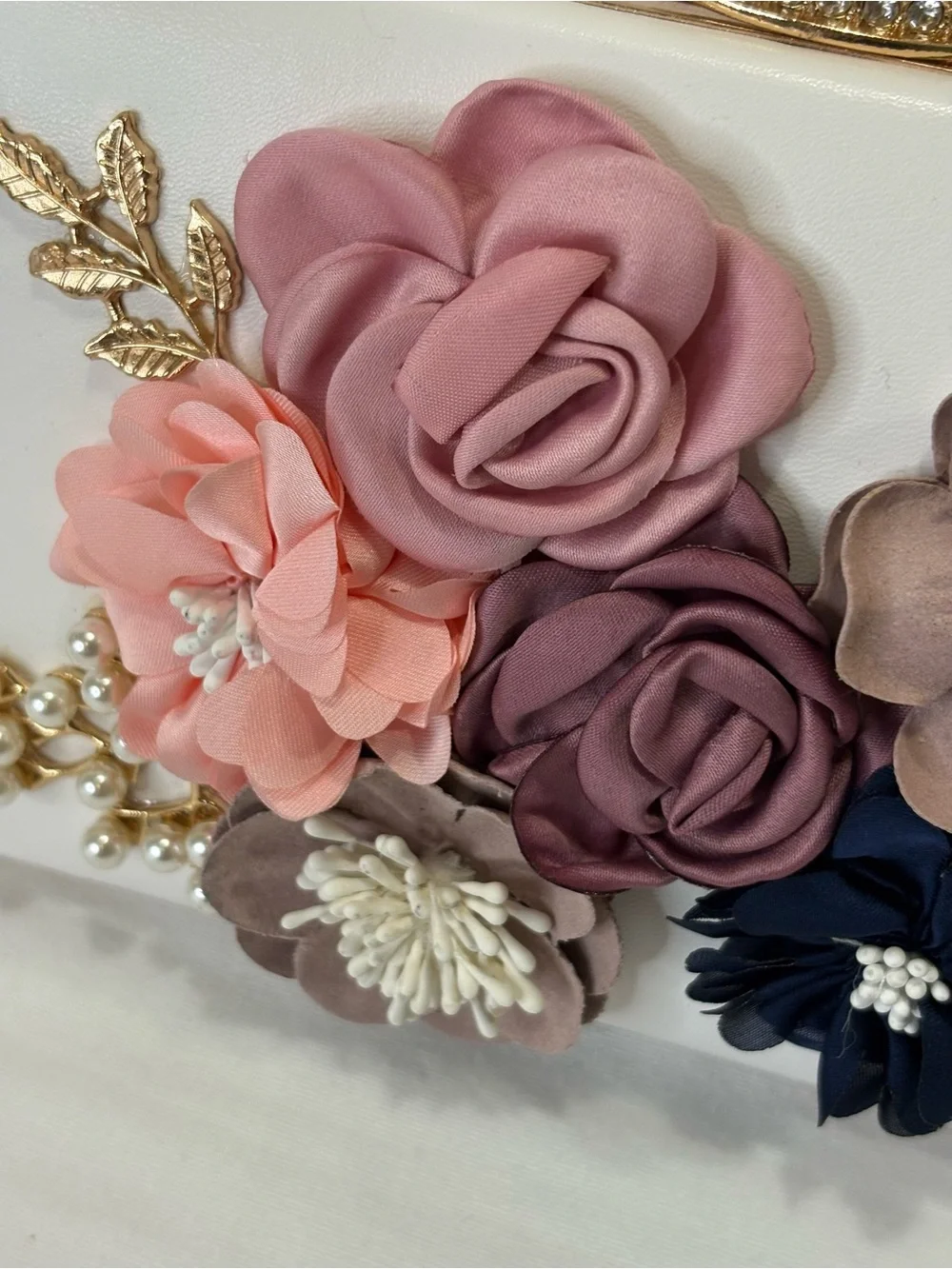 Floral Embellished White Clutch with Multicolor Flowers